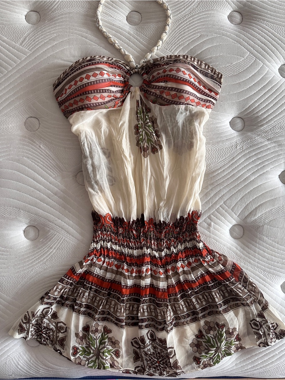 Vintage Strapless Cream Dress with Red & Brown Print